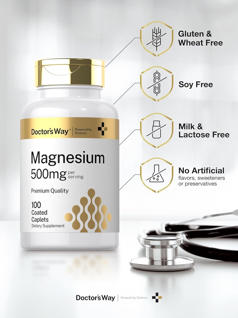 Doctor's Way Magnesium Supplement 500mg | 100 Coated Caplets | Magnesium Oxide | Vegetarian, Non-GMO, Gluten Free 6