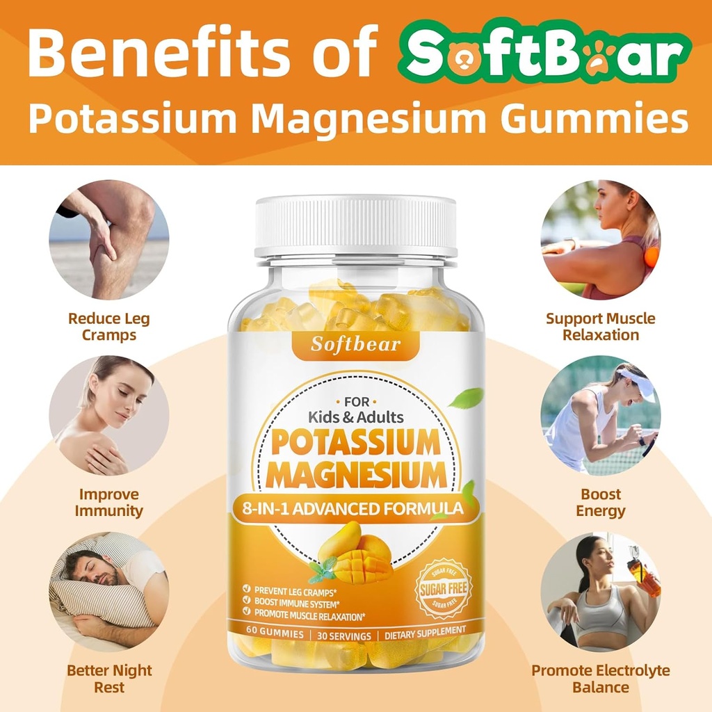 softbear Potassium Magnesium Gummies for Women, Calcium Magnesium Potassium Supplements with Vitamins Sugar-Free Potassium Citrate Gummies Support Muscle Health, Mango Flavor 120 Count 4