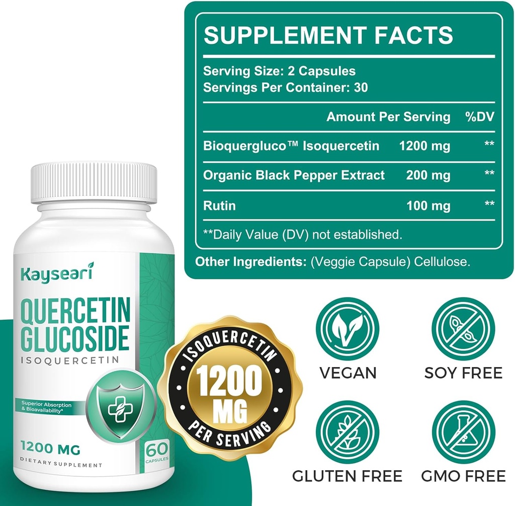 Quercetin Glucoside 1200mg Supplements - Isoquercetin with 6X Bioavailability,60 Veggie Capsules,Contain Black Pepper & Rutin for Max Absorption 4
