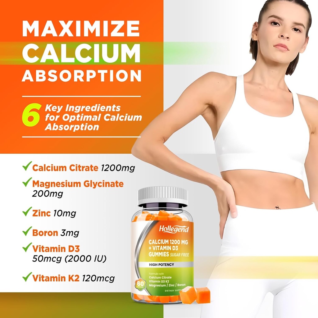 Calcium 1200 mg with Vitamin D3 Gummies, Calcium Citrate Chewables with Magnesium Zinc Vitamin K2 Boron, Bone Health, Sugar Free, 60 Count 4