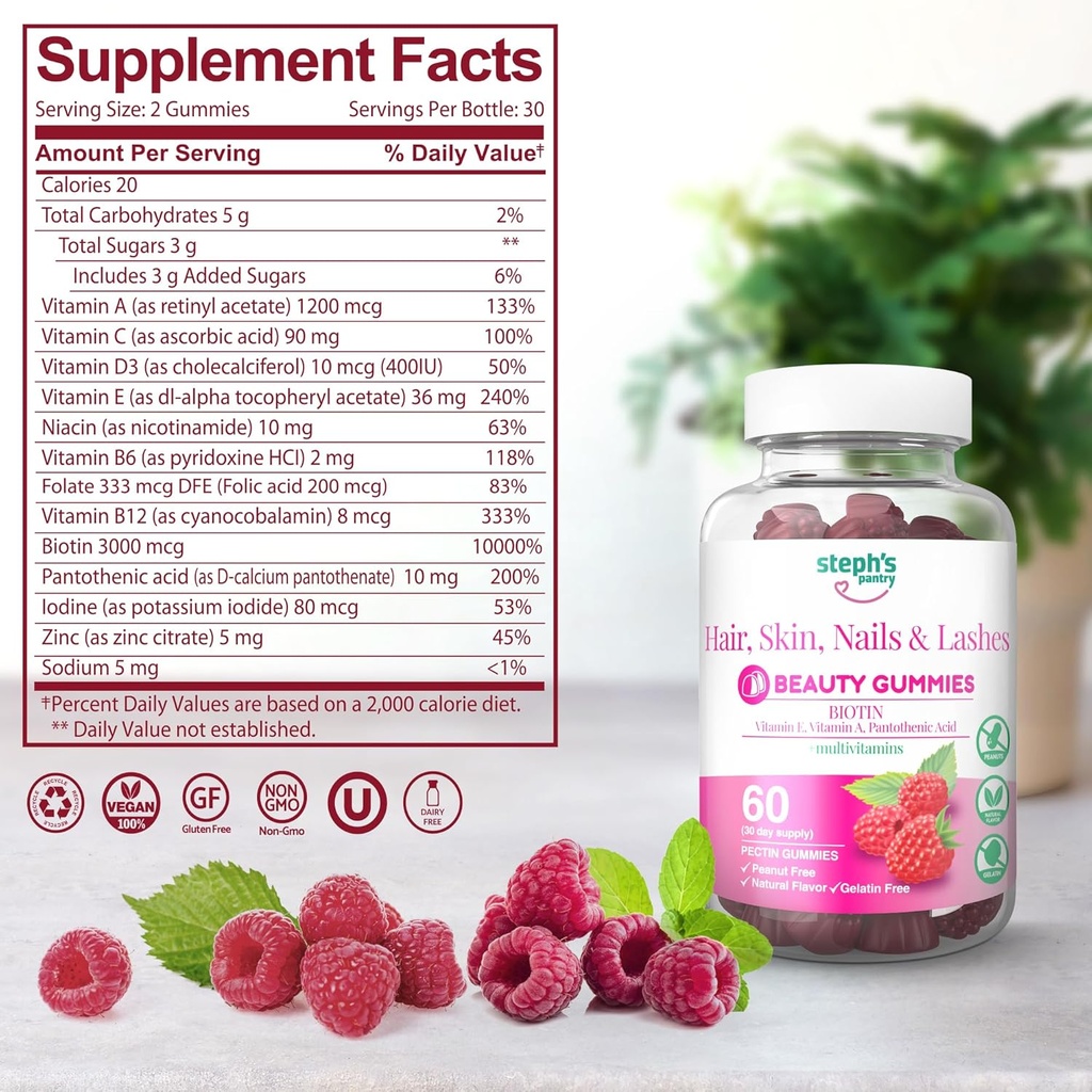 Steph's Pantry Biotin Gummies for Hair, Skin, Nails, & Lashes High Strength Gummies | Daily Multivitamins | Gluten-Free, Nut-Free, Non-GMO, Plant-Based, Vegan, Kosher | (60 Gummies) 3
