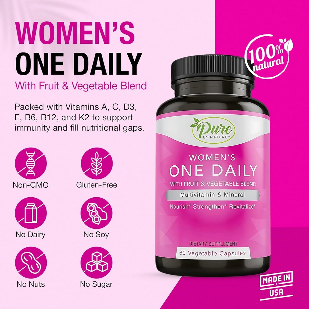 Pure By Nature One-Daily Multivitamin for Women, Immune Support Supplement with Non-GMO Ingredient, Vitamin & Minerals for Energy, 60 Veggie Capsules 3