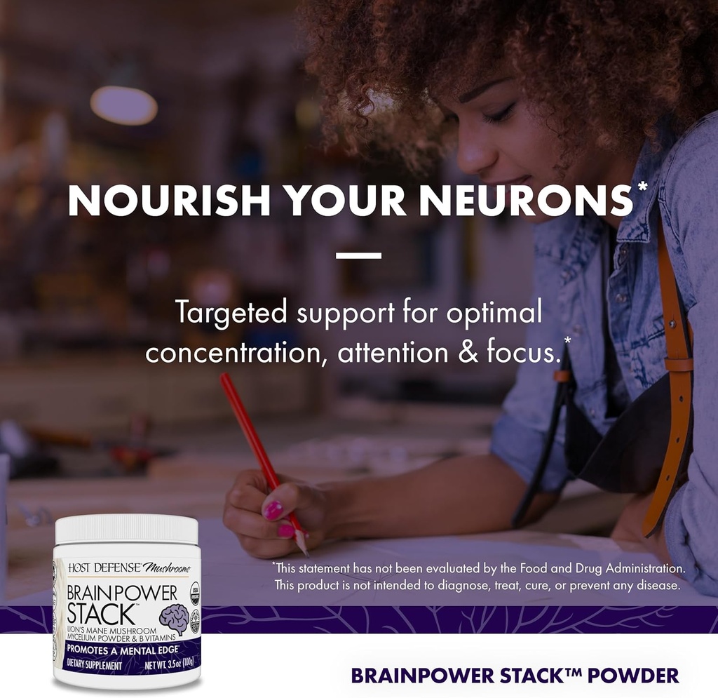 Host Defense BrainPower Stack Powder - Targeted Brain Support Supplement - Powder Mushroom Supplement with Lion's Mane, Niacin (B3) & Vitamin B12 - Herbal Brain Support - 100g (66 Servings)* 6