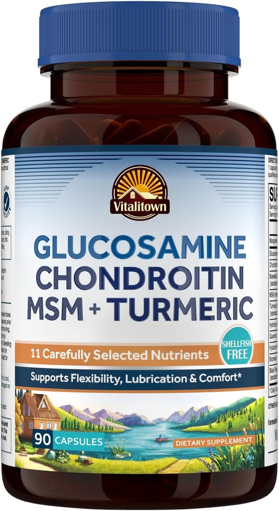 Vitalitown Glucosamine Chondroitin MSM, Turmeric, Collagen, Hyaluronic Acid, Boswellia, Quercetin, 11-in-1 Formula, Glucosamine Sulfate 1500 mg, No Shellfish, Flexibility & Comfort, 180 Caps 2