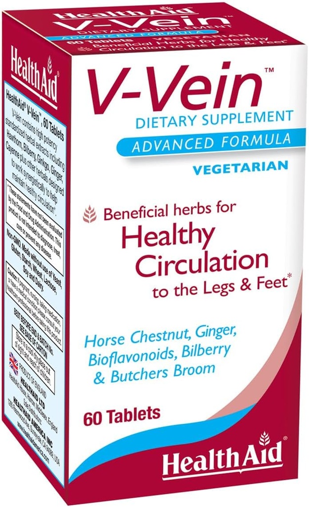 HealthAid V-Vein, Beneficial Nutrients for Healthy Circulation for Legs and feet, 60ct, Once Daily, Contains Ginkgo, Grape Seed, Vitamin C and Bilberry, Vegan 2