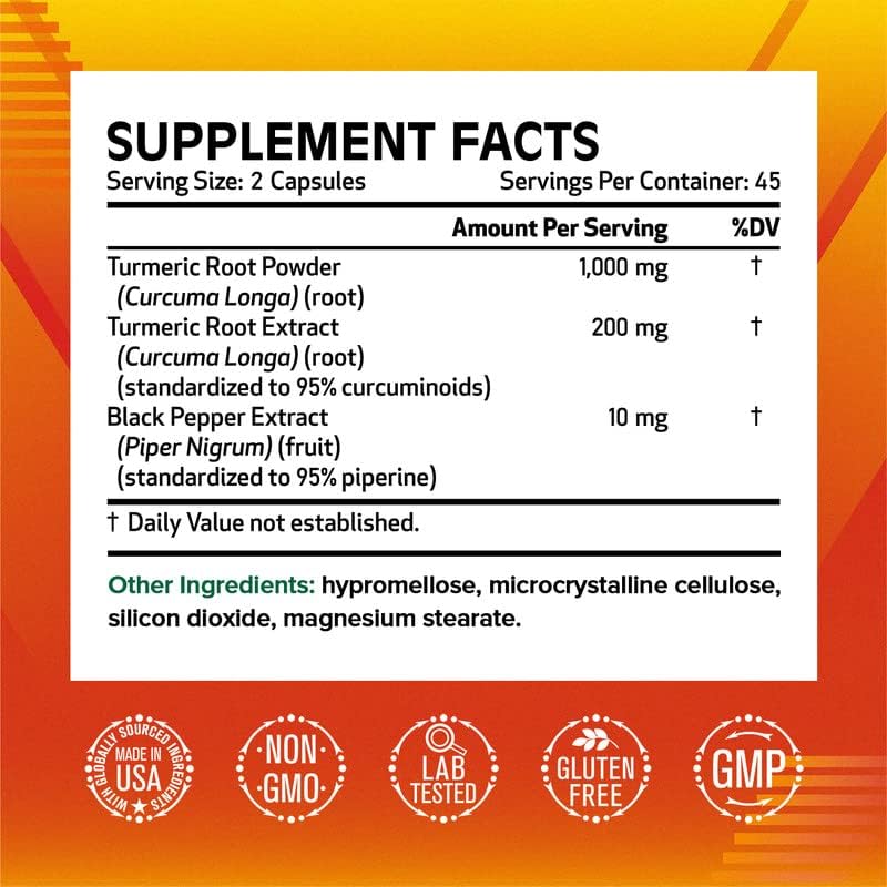 Turmeric Curcumin, 1200 mg Turmeric Root Extract & Powder, Standardized to 95% Curcuminoids, High Potency Joint Health Support, Enhanced Absorption with Black Pepper, 90 Vegan Caps 3