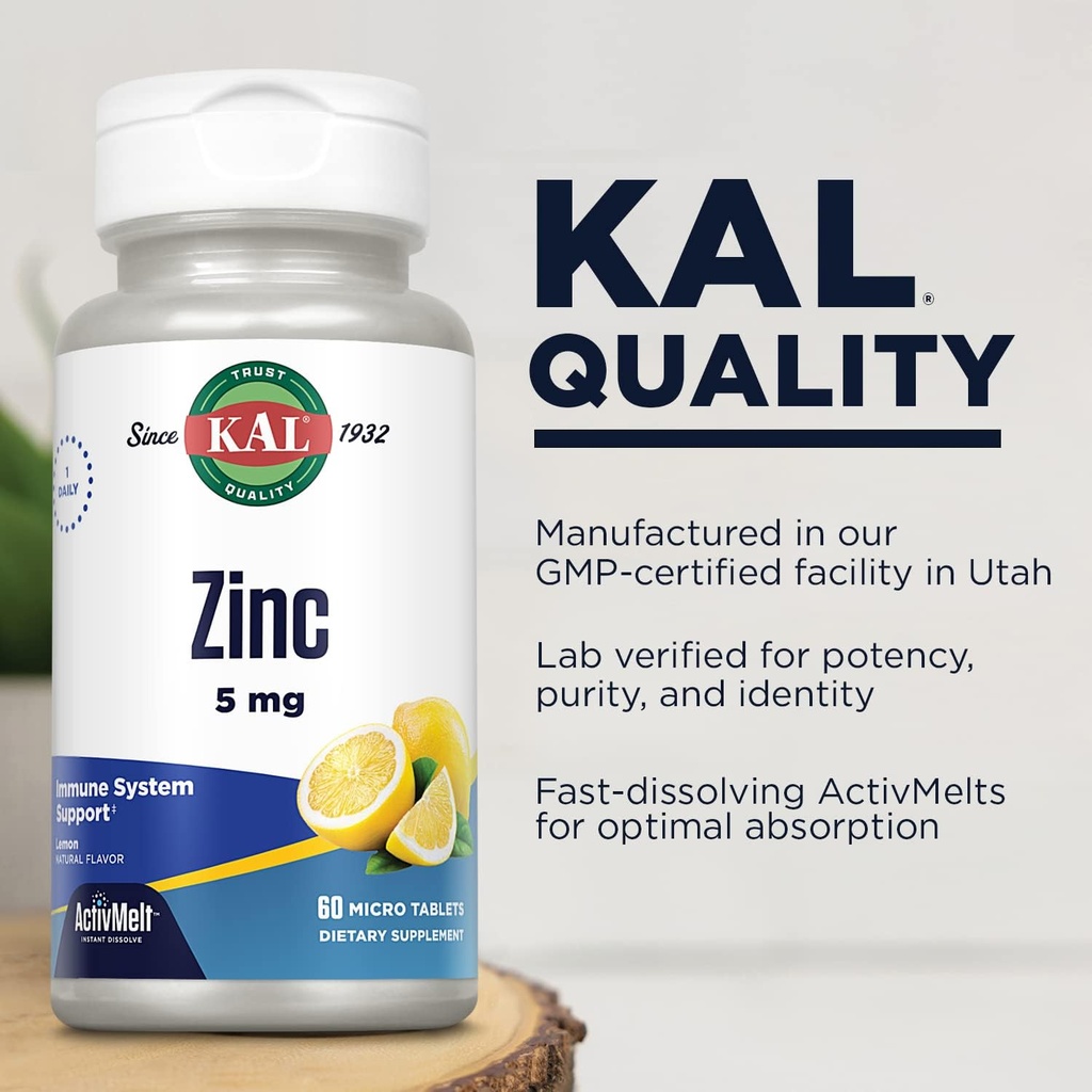 KAL Zinc 5mg ActivMelt, Immune Support Supplement with Zinc Oxide, Supports Protein Synthesis, Metabolism, Cell Growth, Immune Health, Vegetarian, Natural Lemon Flavor, 60-Day Guarantee, 60 Micro Tabs 6