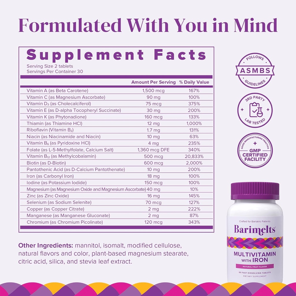 BariMelts Post-Bariatric Surgery Immunity Pack Bundle - Multivitamin with Iron, Calcium Citrate, and Vitamin D3 5