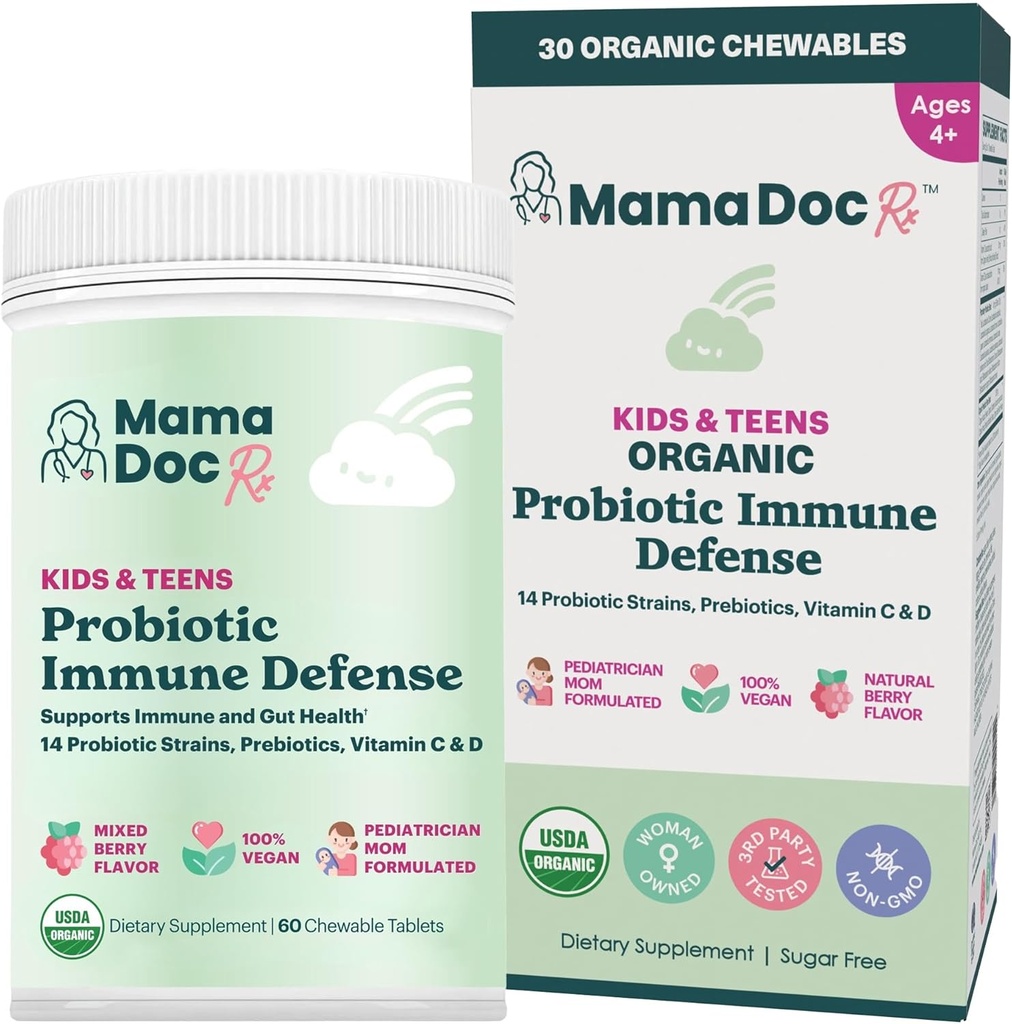 Certified Organic Kids & Teens Probiotic Immune Defense - 5 Billion CFUs | Sugar Free, Vegan, Gluten-Free | 14 Probiotic Strains, Prebiotics, Vitamin C & D | 30 Chewable Tablets, Ages 4+ 2