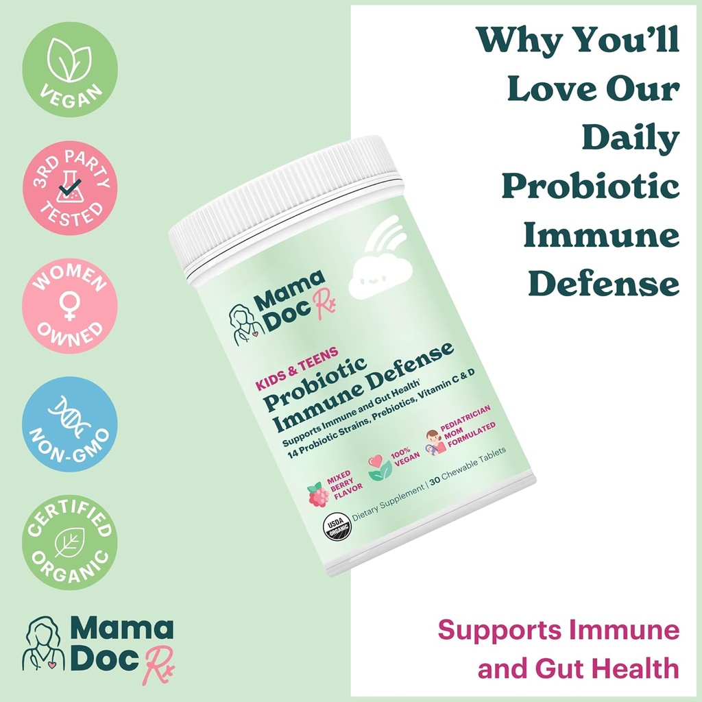 Certified Organic Kids & Teens Probiotic Immune Defense - 5 Billion CFUs | Sugar Free, Vegan, Gluten-Free | 14 Probiotic Strains, Prebiotics, Vitamin C & D | 30 Chewable Tablets, Ages 4+ 3