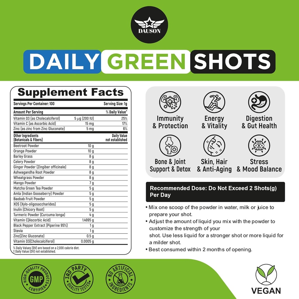 Daily Green Shots – Superfood Powder with Wheatgrass, Matcha, Beetroot, Ashwagandha, Turmeric & Prebiotics – Immunity & Energy Support – Vegan Greens Supplement – 100 Shots 5