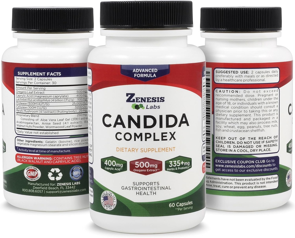 Zenesis Labs Candida Complex Cleanse Detox Caprylic Acid Supplement, Oregano Extract, Probiotics, Enzymes (60 Capsules, 30 Day Supply) 6
