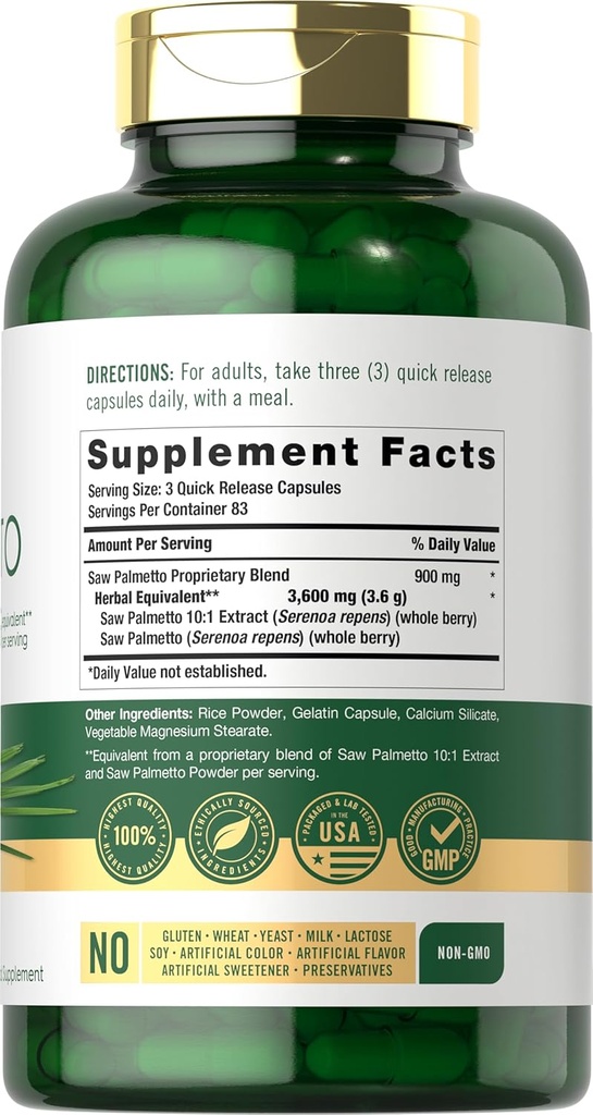 Carlyle Saw Palmetto for Men and Women | 3600 mg | 250 Capsules | Herb Extract Supplement | Serenoa Repens | Non-GMO and Gluten Free 3
