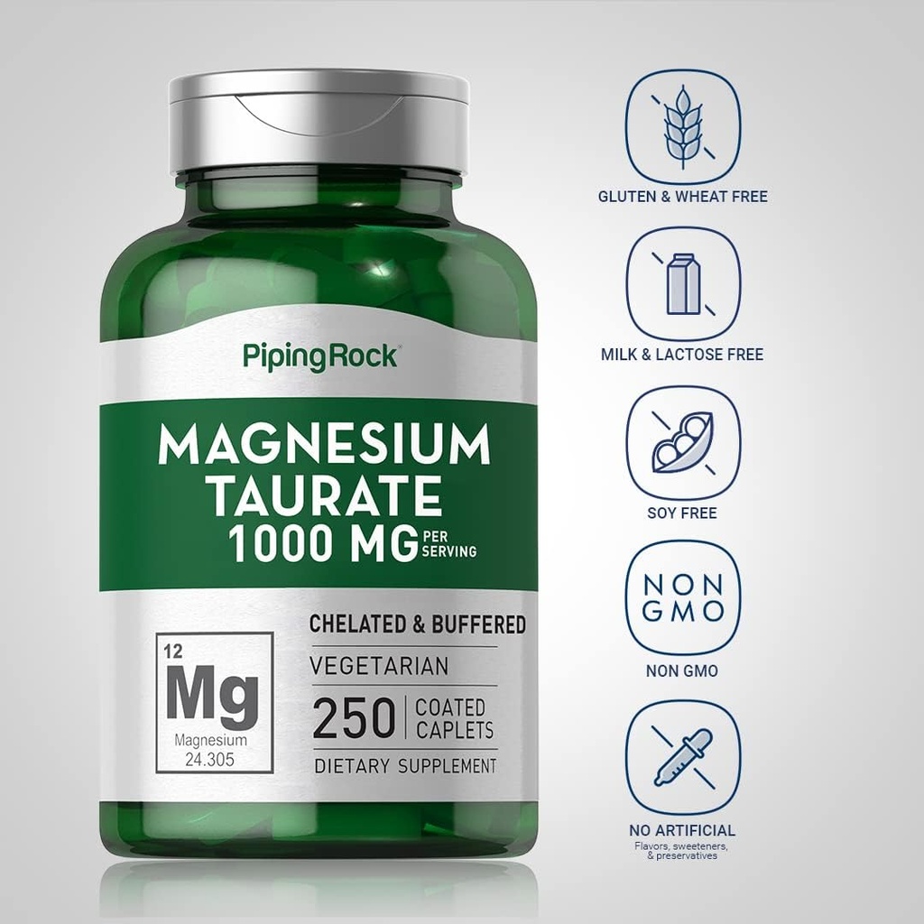 Piping Rock Magnesium Taurate | 1000mg | 250 Caplets | Chelated and Buffered | Vegetarian, Non-GMO, Gluten Free Supplement 4