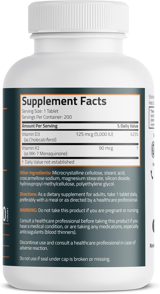Bronson Vitamin K2 D3 (MK7) Supplement Non-GMO Formula Vitamin D3 5000IU (125 mcg) & 90 mcg K2 MK-7, Easy to Swallow D & K Complex, 200 Tablets 3