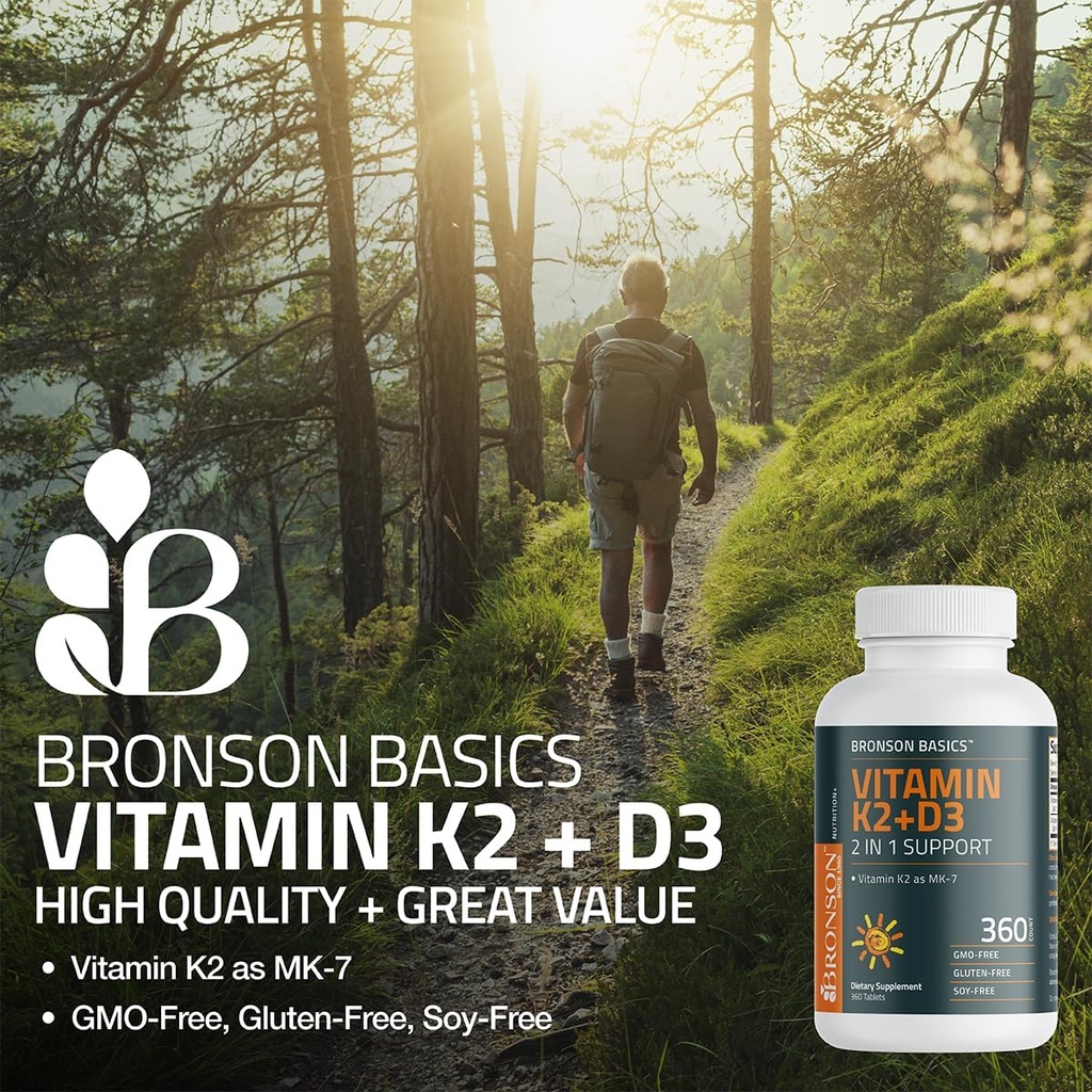 Bronson Vitamin K2 D3 (MK7) Supplement Non-GMO Formula Vitamin D3 5000IU (125 mcg) & 90 mcg K2 MK-7, Easy to Swallow D & K Complex, 200 Tablets 4