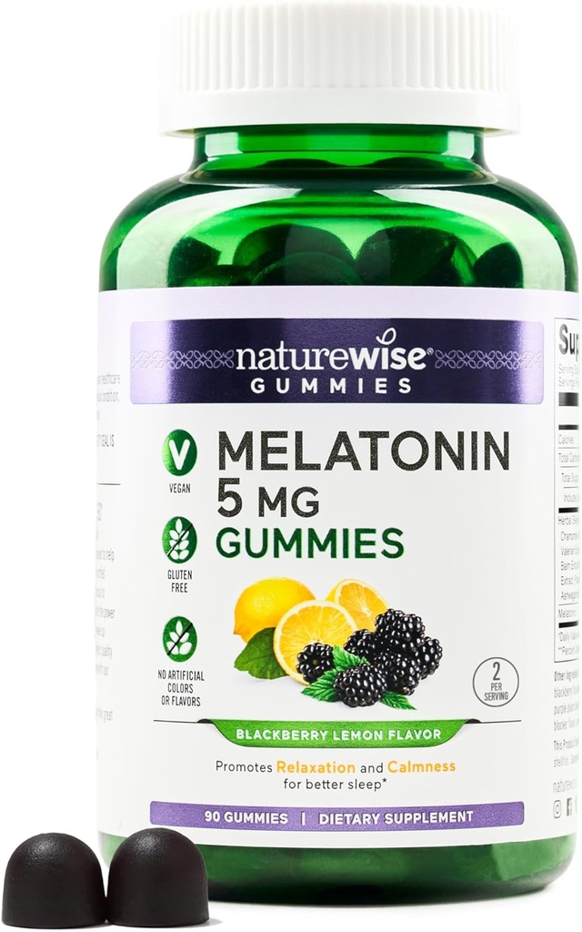 NatureWise Melatonin Gummies 5mg - Non-Habit Forming Sleep Support Supplement with Ashwagandha, Valerian Root - BlackBerry-Lemon Flavor - Vegan, Gluten Free, Non-GMO - 90 Count[45-Day Supply] 2