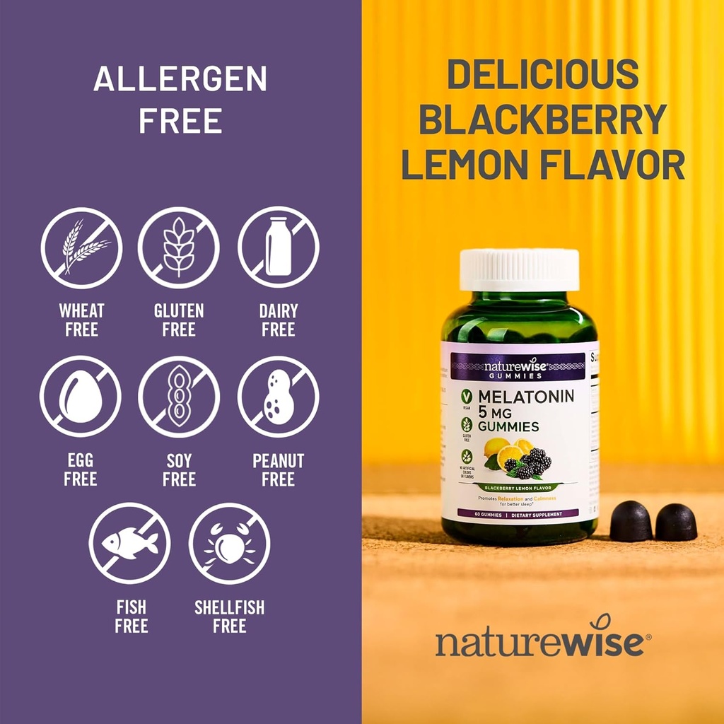 NatureWise Melatonin Gummies 5mg - Non-Habit Forming Sleep Support Supplement with Ashwagandha, Valerian Root - BlackBerry-Lemon Flavor - Vegan, Gluten Free, Non-GMO - 90 Count[45-Day Supply] 6