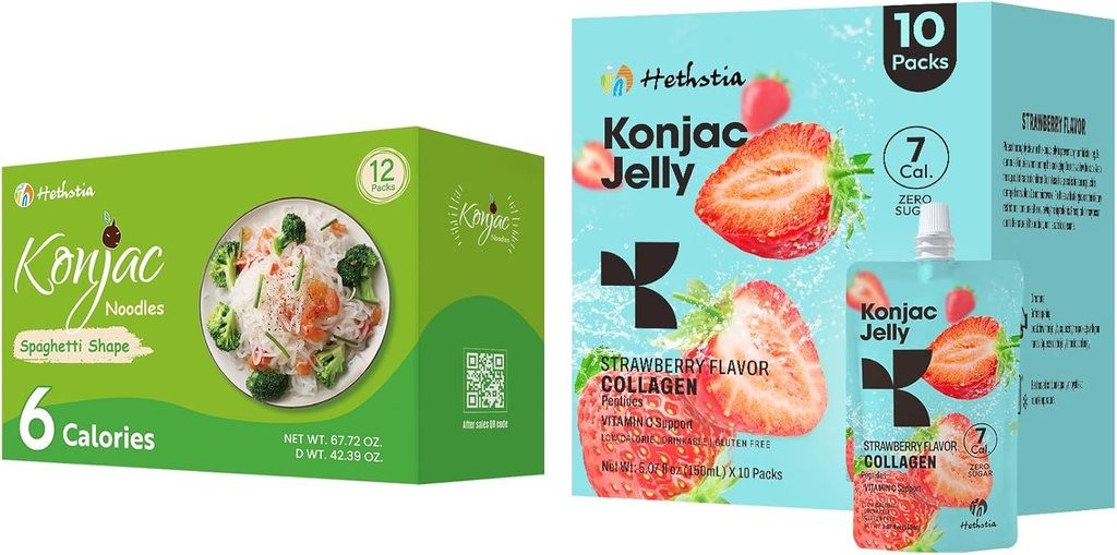 Hethstia Konjac Jelly Strawberry Flavor Collagen Peptides 10 Packs and Konjac Spaghetti Gluten Free 12 Packs, Low Calorie, Sugar Free, Keto, Healthy Food 2