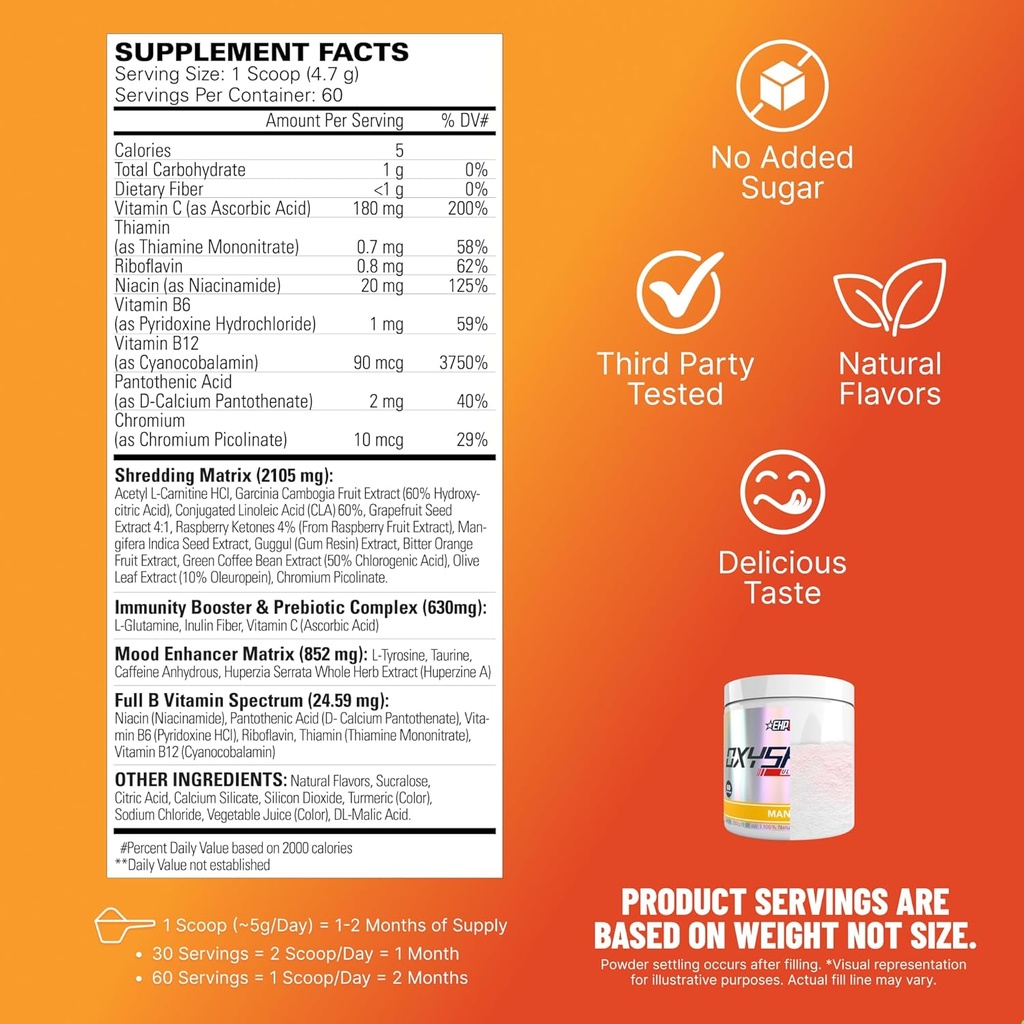 EHP Labs OxyShred Pre Workout Powder - Preworkout Powder with L Glutamine & Acetyl L Carnitine, Energy Boost Drink - Mango, 60 Servings 4
