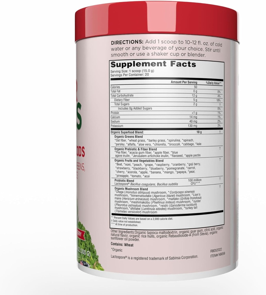 Country Farms Organic Super Greens Berry Flavor, 50 Organic Super Foods, Packed with Fiber, USDA Organic Drink Mix, Fruits, Vegetables, Mushrooms & Probiotics, Supports Energy, 5g Fiber 4