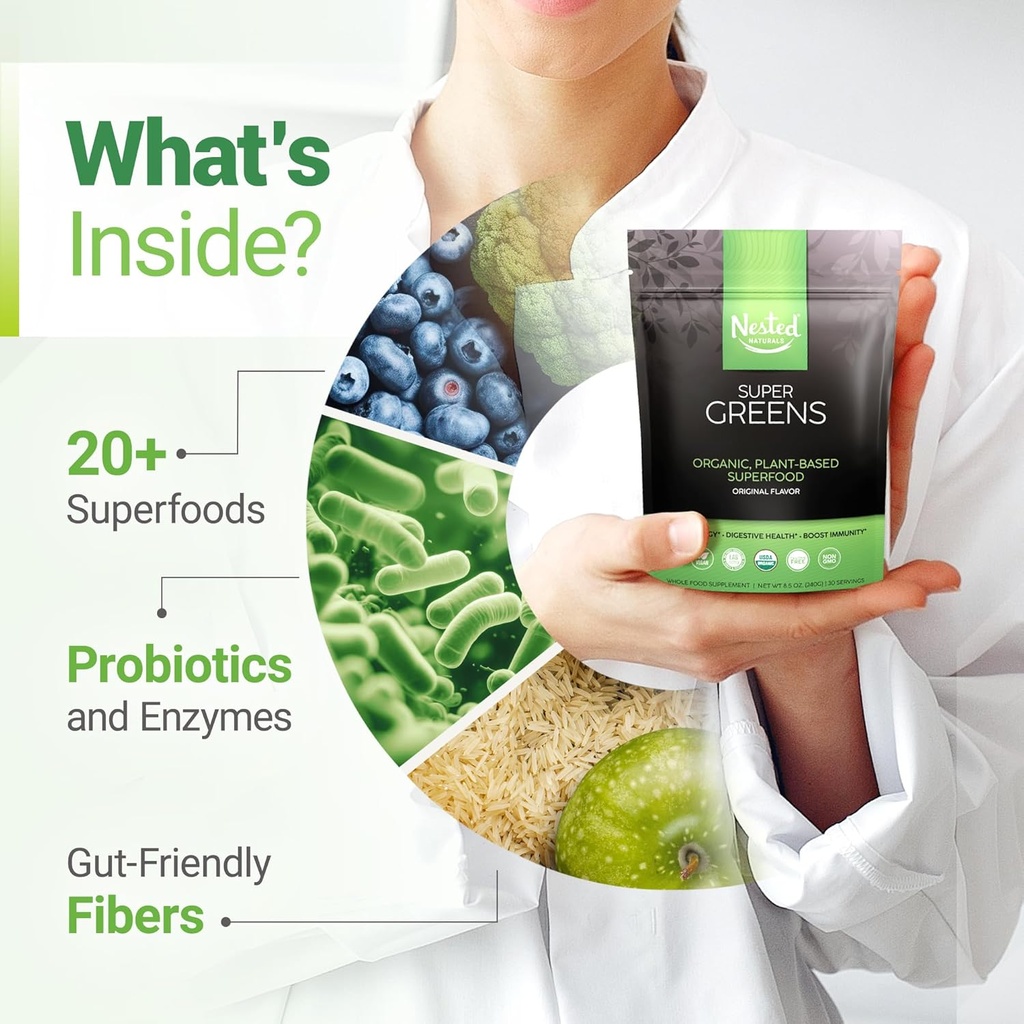 Super Greens Daily Greens Superfood Powder - Certified USDA Organic Green Powder w/20+ Whole Foods, Spirulina Powder, Wheat & Barley Grass - Probiotics, Fiber & Enzymes - Original Refill, 30 Servings 5
