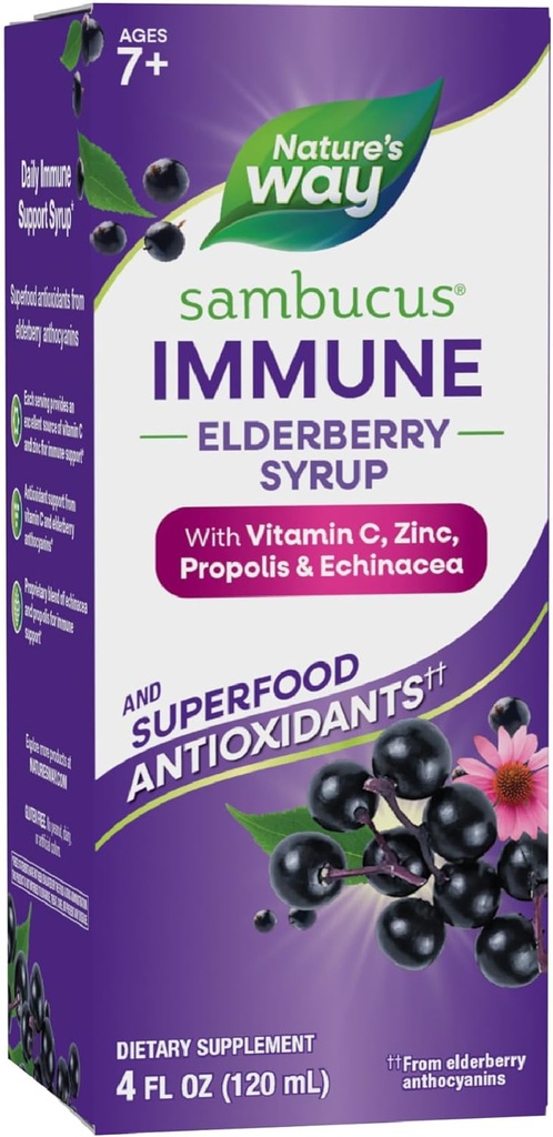 Nature's Way Sambucus Elderberry Immune Syrup, Elderberry extract Vitamin C and Zinc with Propolis & Echinacea for Immune Support*, Gluten Free, Vegetarian, 4 Fl Oz 2