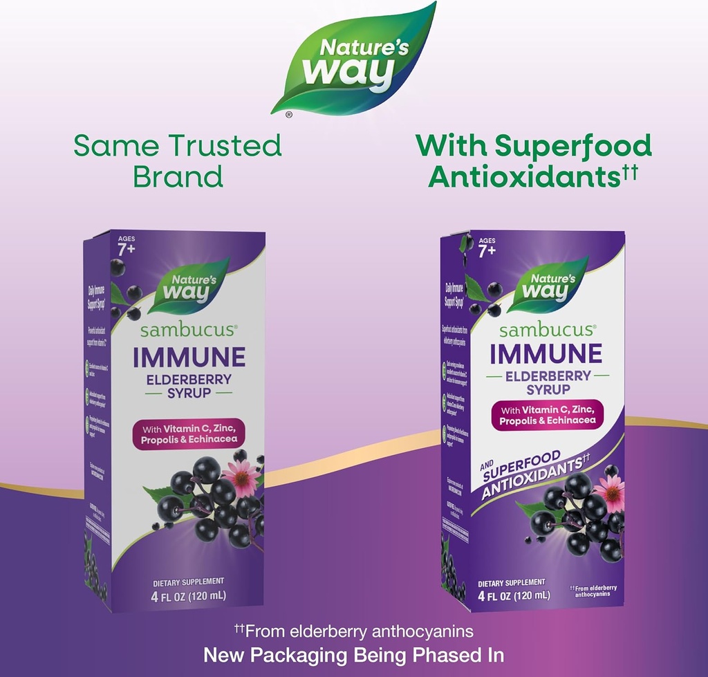 Nature's Way Sambucus Elderberry Immune Syrup, Elderberry extract Vitamin C and Zinc with Propolis & Echinacea for Immune Support*, Gluten Free, Vegetarian, 4 Fl Oz 3