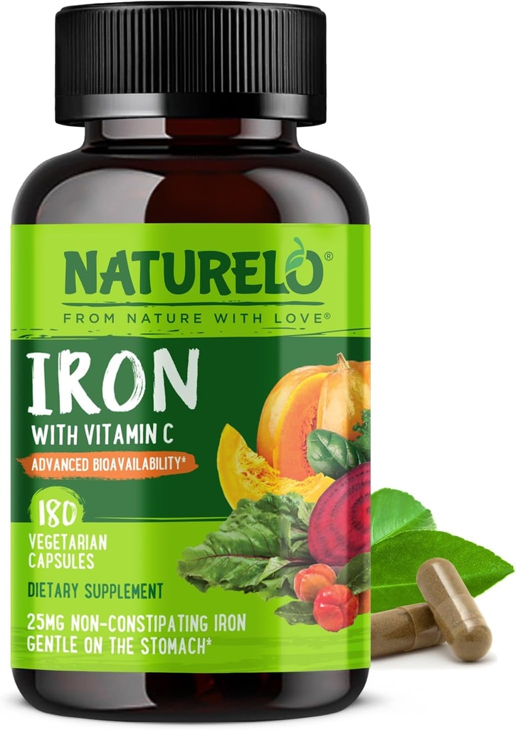 NATURELO Vegan Iron Supplement with Vitamin C and Organic Whole Foods - Gentle Iron Pills for Women & Men with Iron Deficiency Including Pregnancy, Anemia and Vegan Diets - 180 Mini Capsules 2