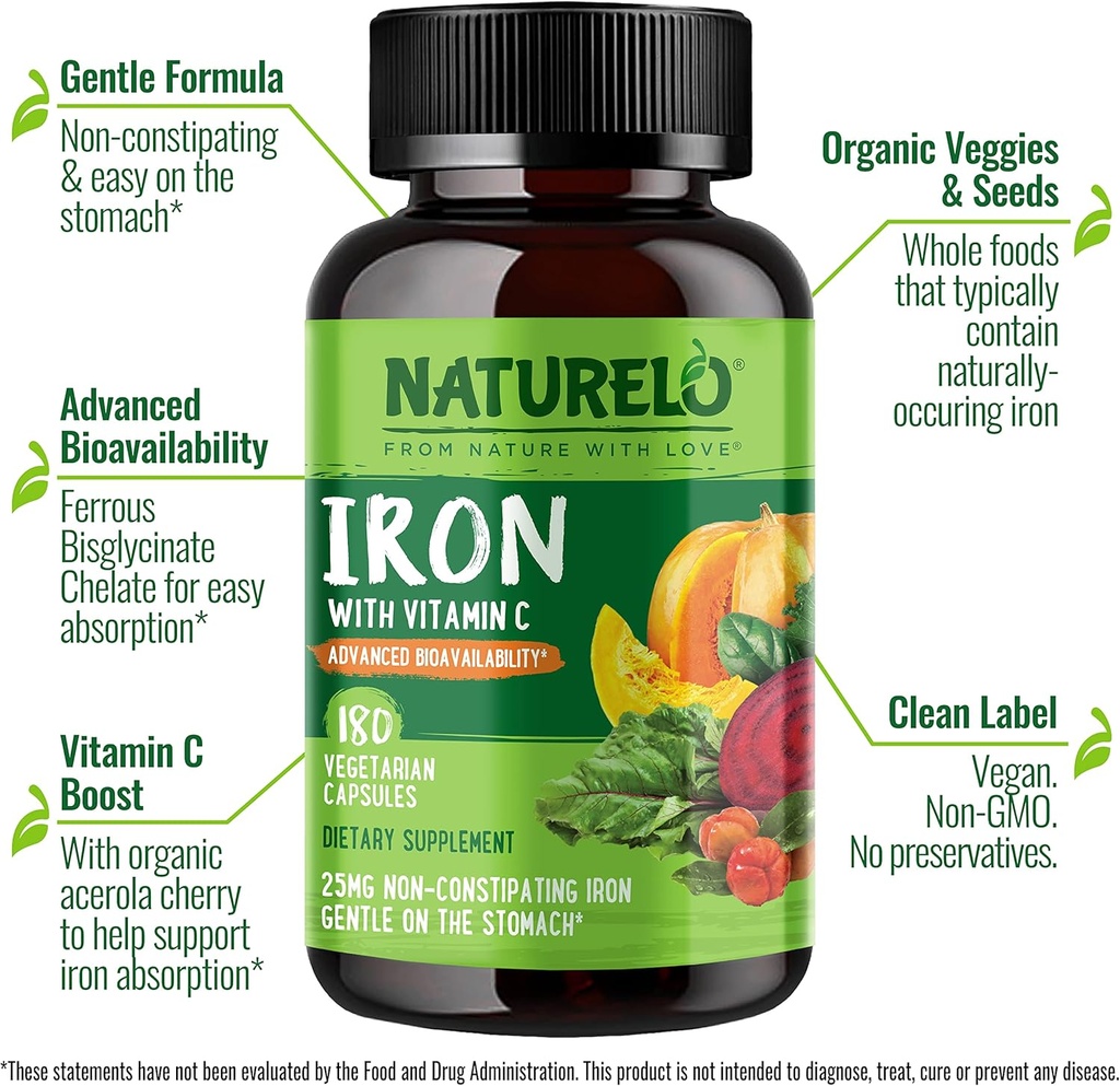 NATURELO Vegan Iron Supplement with Vitamin C and Organic Whole Foods - Gentle Iron Pills for Women & Men with Iron Deficiency Including Pregnancy, Anemia and Vegan Diets - 180 Mini Capsules 3