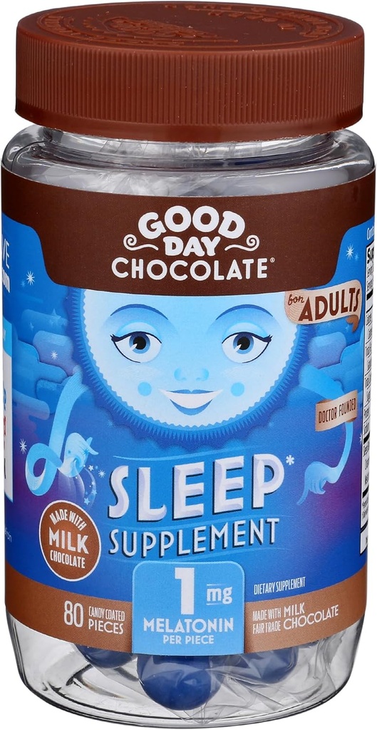 Good Day Chocolate Melatonin for Adults [ 80 Count ] - Fair Trade Non-GMO Chocolate with Chamomile and Melatonin 1 mg - Adult Melatonin, Adult Natural Sleep Aid Supplement 2