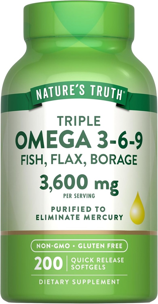 Nature's Truth Triple Omega 3 6 9 | 3600mg | 200 Softgels | Fish, Flax, and Borage Oils | Non-GMO & Gluten Free Supplement 2
