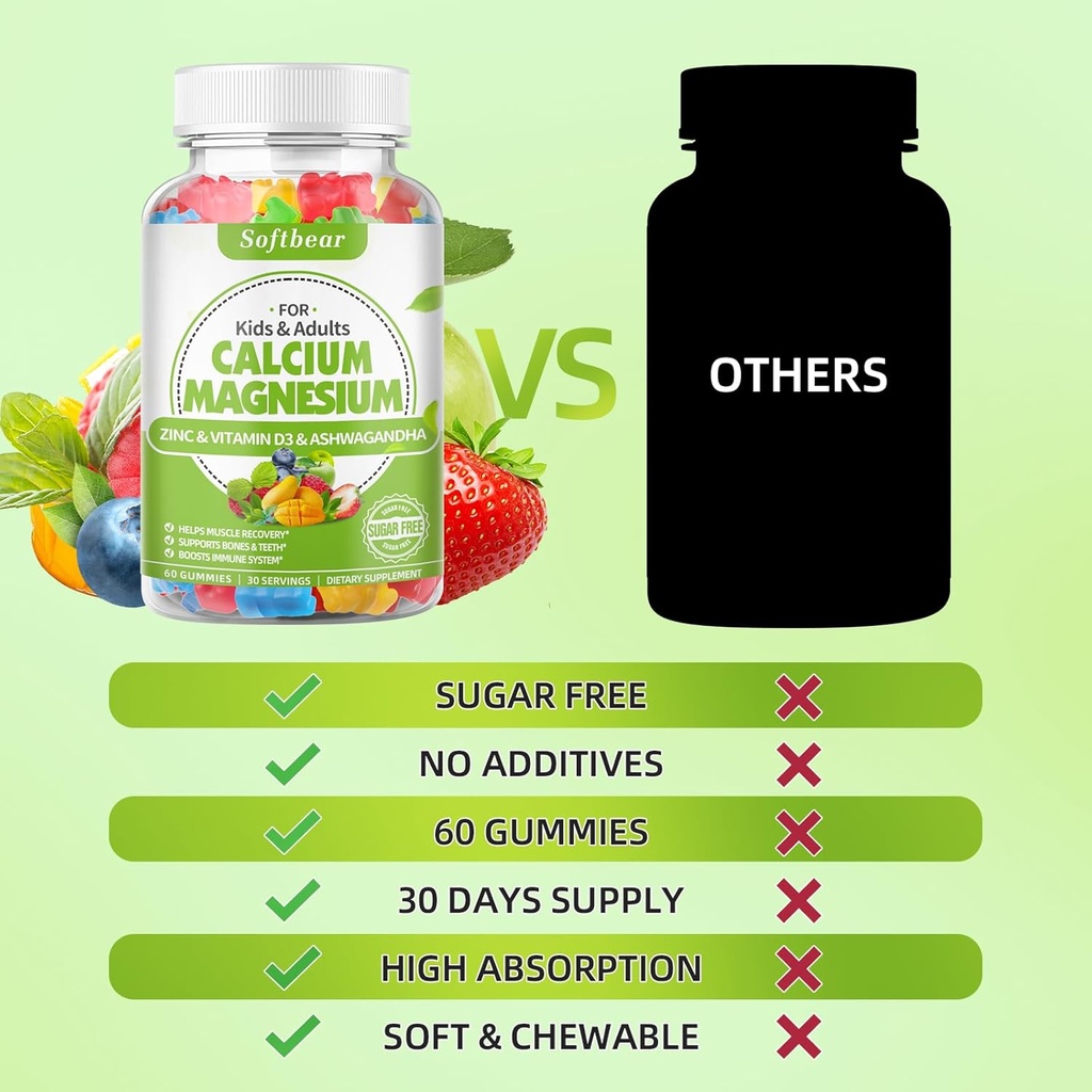softbear Calcium Magnesium Zinc Gummies for Adult & Kids, Suagr-Free Calcium Magnesium Zinc Vitamin D3 Supplement for Bone Strength & Immune Health, Mixed Fruit Flavor 120 Count 6