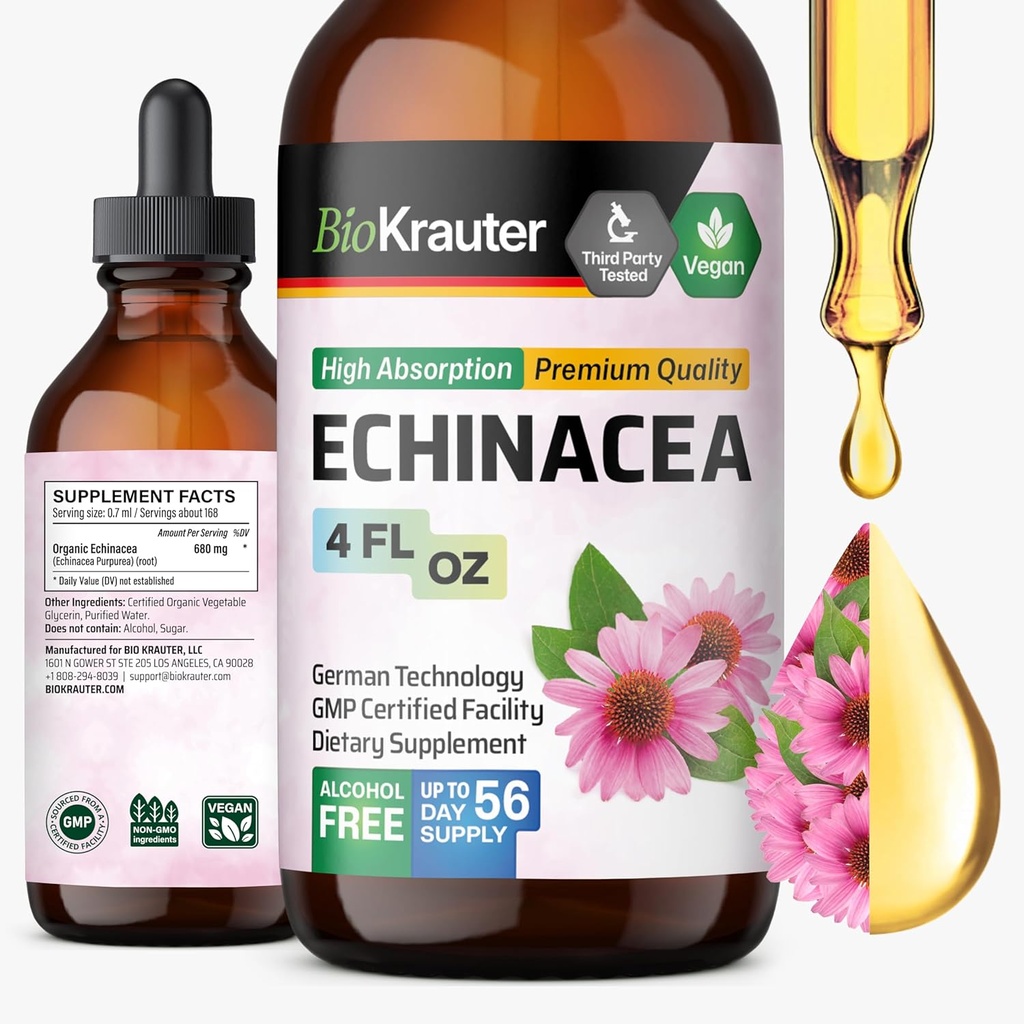 BIO KRAUTER Echinacea Drops - Natural Immune Support - Echinacea Tincture Supplement - Vegan, Alcohol & Sugar Free Drops - 4 Fl.Oz. 2