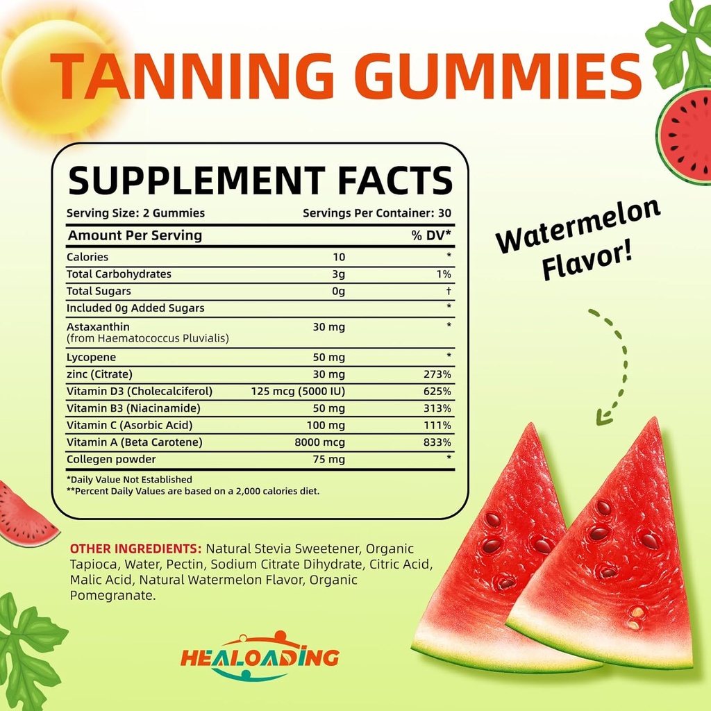 Tanning Gummies Supplement for Adults: Daily Tanning Gummies with Astaxanthin, Collegen, Lycopene, zinc (Citrate), Vitamin for Tanning Supplement Skin Health & Glow Reduce Sun Sensitivity 3