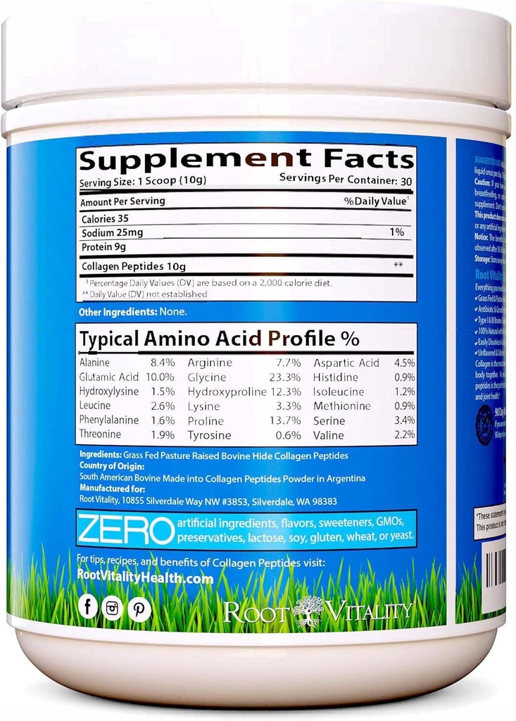 Root Vitality Collagen Peptides Powder - Grass-Fed, Pasture-Raised Hydrolyzed Protein Supplement for Skin, Hair, & Nails - Non-GMO, Zero Sugar Daily Supplement for Men & Women (30 Servings) 6