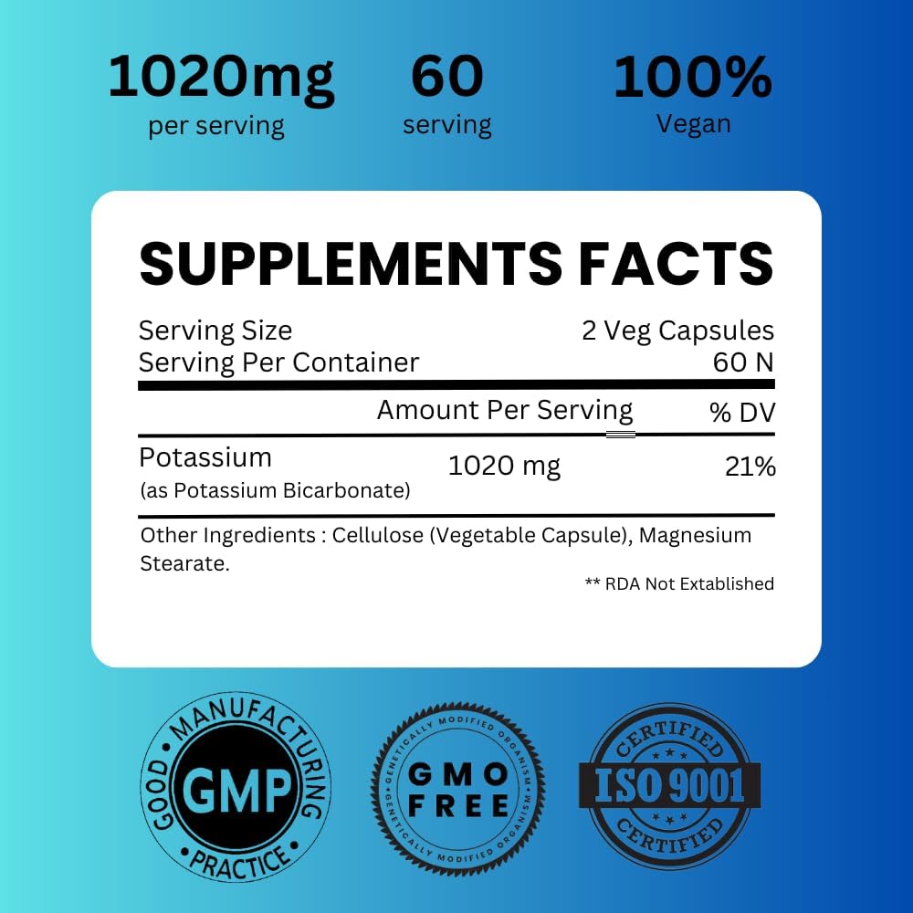 Potassium Supplement 1020mg High Absorption Potassium Bicarbonate- 120 Capsules Supports Electrolyte Balance, Kidney and Bone Health 4