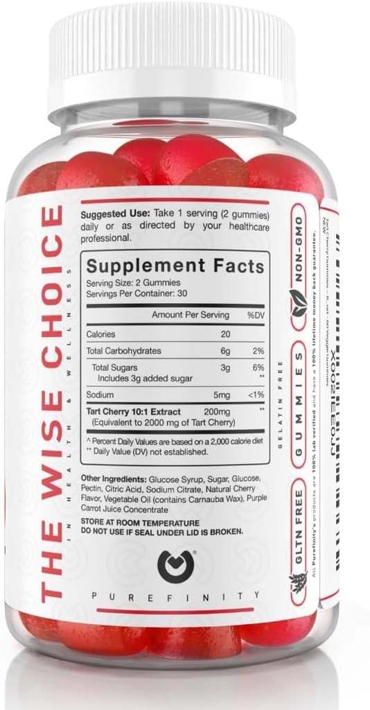 PUREFINITY Tart Cherry Gummies – Uric Acid Flush for Joint Relief & Recovery, Raw Juice Extract Antioxidant – Non-GMO, Gluten Free, Vegan, 60 Count (Pack of 2) 6