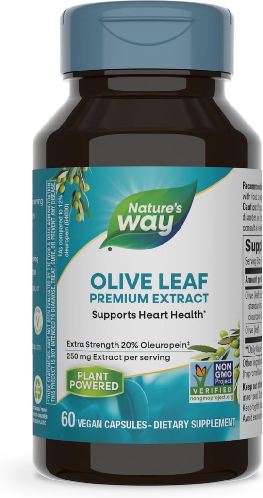 Nature's Way Olive Leaf, Premium Extract, Supports Heart Health*, 20% Oleuropein, 250 mg per serving, Non-GMO Project Verified, 60 Vegan Capsules (Packaging May Vary) 2