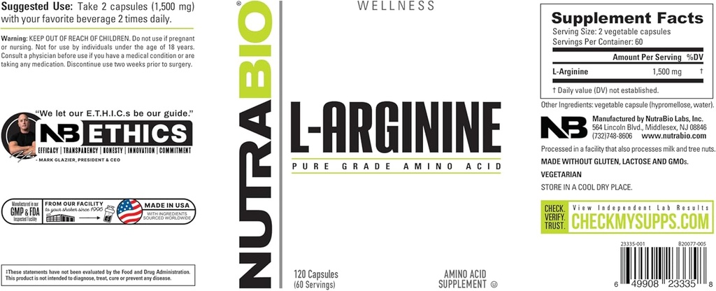 NutraBio L-Arginine Supplement, 750mg – Nitric Oxide Precursor, Supports Blood Flow, Vascular Health, and Muscle Growth- L Arginine Supplements for Men and Women- 120 Capsules 6