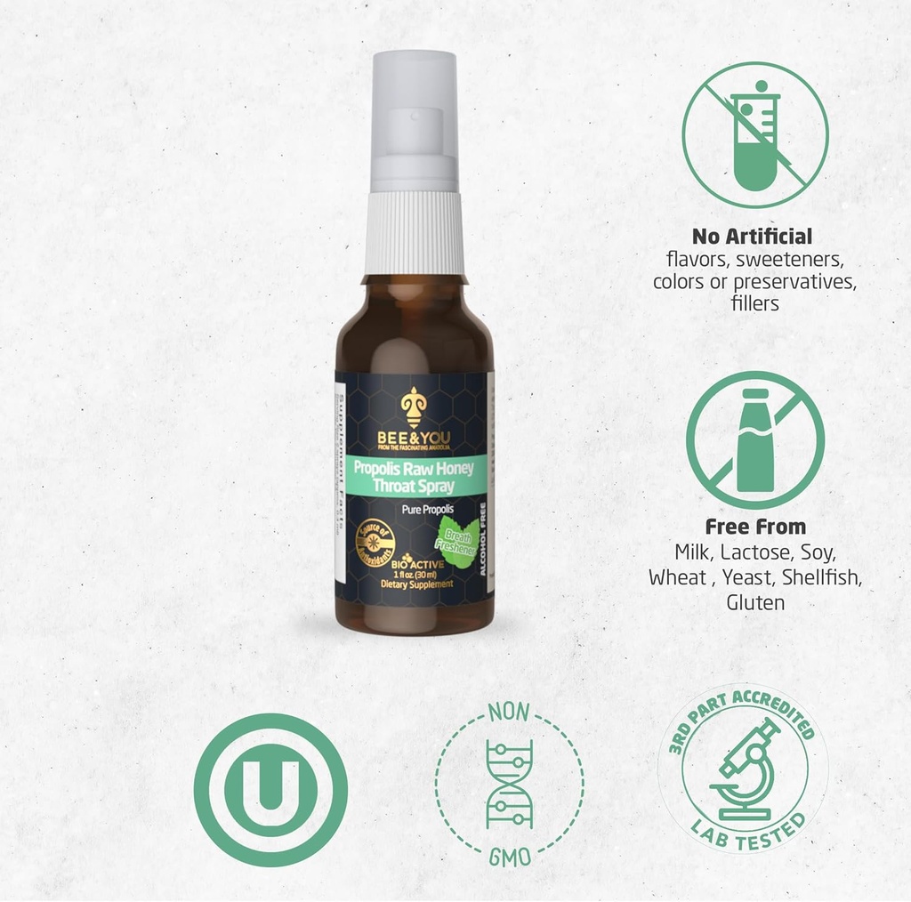 BEE and You Bundle: Propolis Shot with Vitamin C, D3 and Zinc with Propolis Raw Honey Throat Spray, Ultra Pure, 100% Natural, Immune Support, Superfood 4