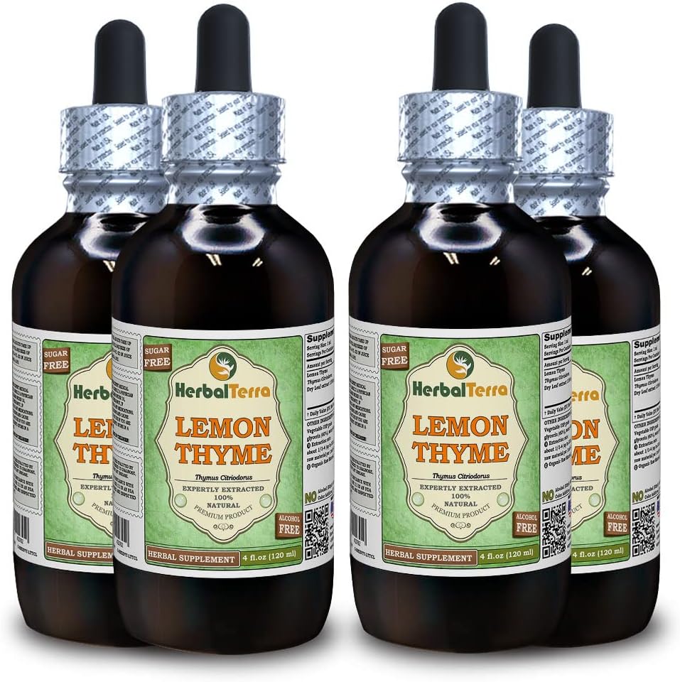 Lemon Thyme (Thymus x Citriodorus) Glycerite, Organic Dried Herb Alcohol-Free Liquid Extract (Brand Name: HerbalTerra, Proudly Made in USA) 4x4 fl.oz (4x120 ml) 2
