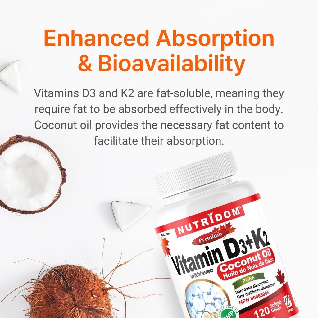 Nutridom Vitamin D3 + K2 with Coconut Oil (120 Softgels) 5