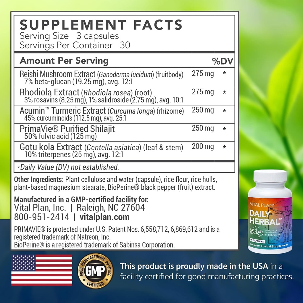 Vital Plan Daily Herbal Supplement by Dr. Bill Rawls – Herbal Immunity Booster for Immune Support, Microbiome Balance & Cell Health — Reishi Mushroom, Turmeric & Rhodiola 3