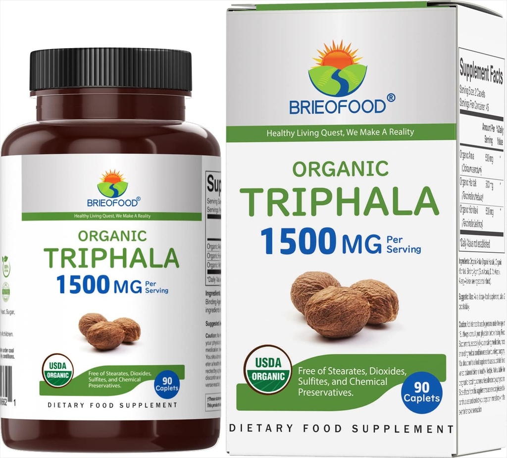 Brieofood Organic Triphala 1500mg, 45 Servings, Vegetarian, Gluten Free, 90 Vegetarian Tablets 2