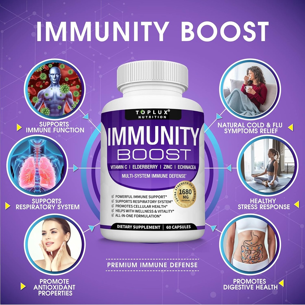 Immunity Boost Immune Support Supplement â€“ 1650mg 10 in 1 Blend with Elderberry, Vitamin C, Zinc, Echinacea & Probiotics for Immune System Defense, Support Healthy Respiratory System, 60 Capsules 3