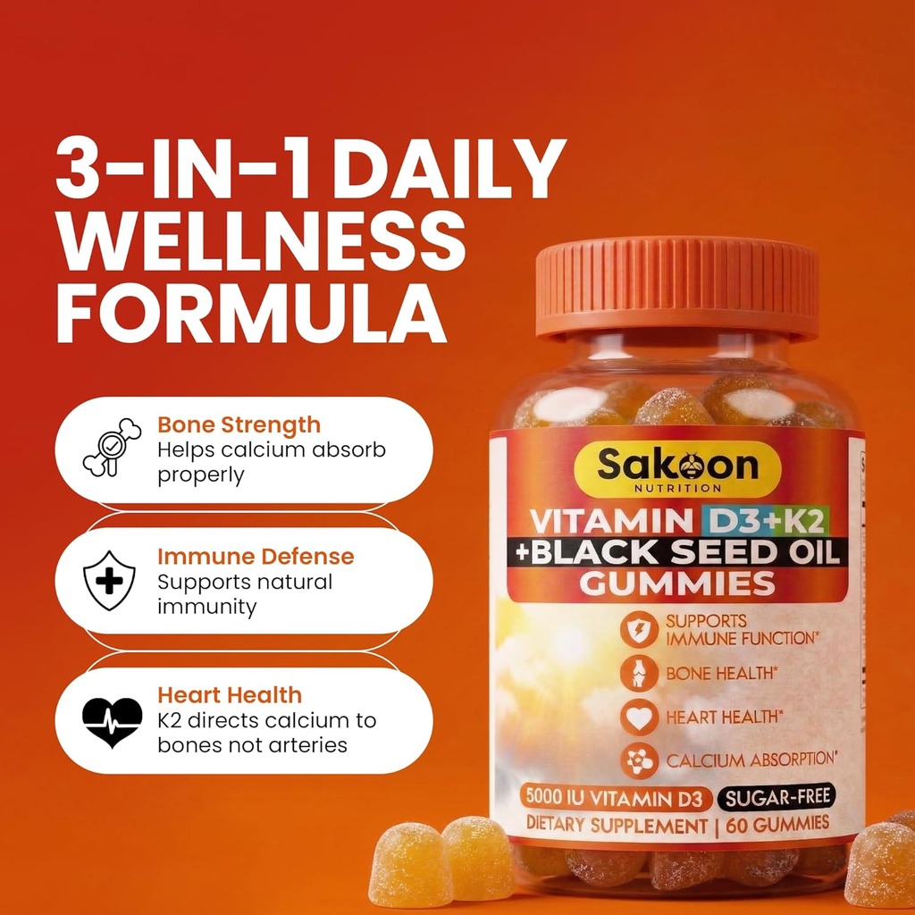 Sakoon nutrition 5000 IU Vitamin D3 K2 Vitamin Supplement with Black Seed Oil for Bone, Teeth, Muscle, and Immune Defense Support, Non-GMO and Gluten Free, 60 Gummy Chewables 4