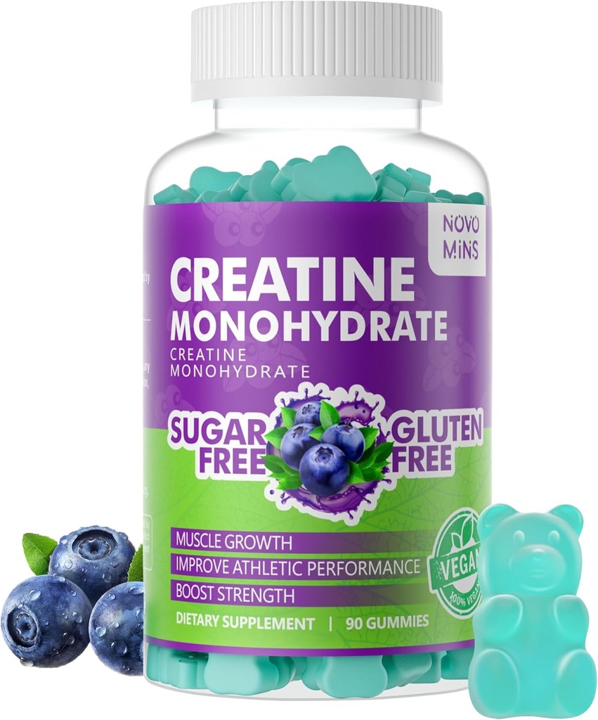 novomins Creatine Monohydrate Gummies for Men & Women, Chewables Creatine Monohydrate for Muscle Strength, Muscle Builder, Energy Boost, Pre-Workout Supplement(180 Count)-Blueberry Flavor. 2 Pack 2