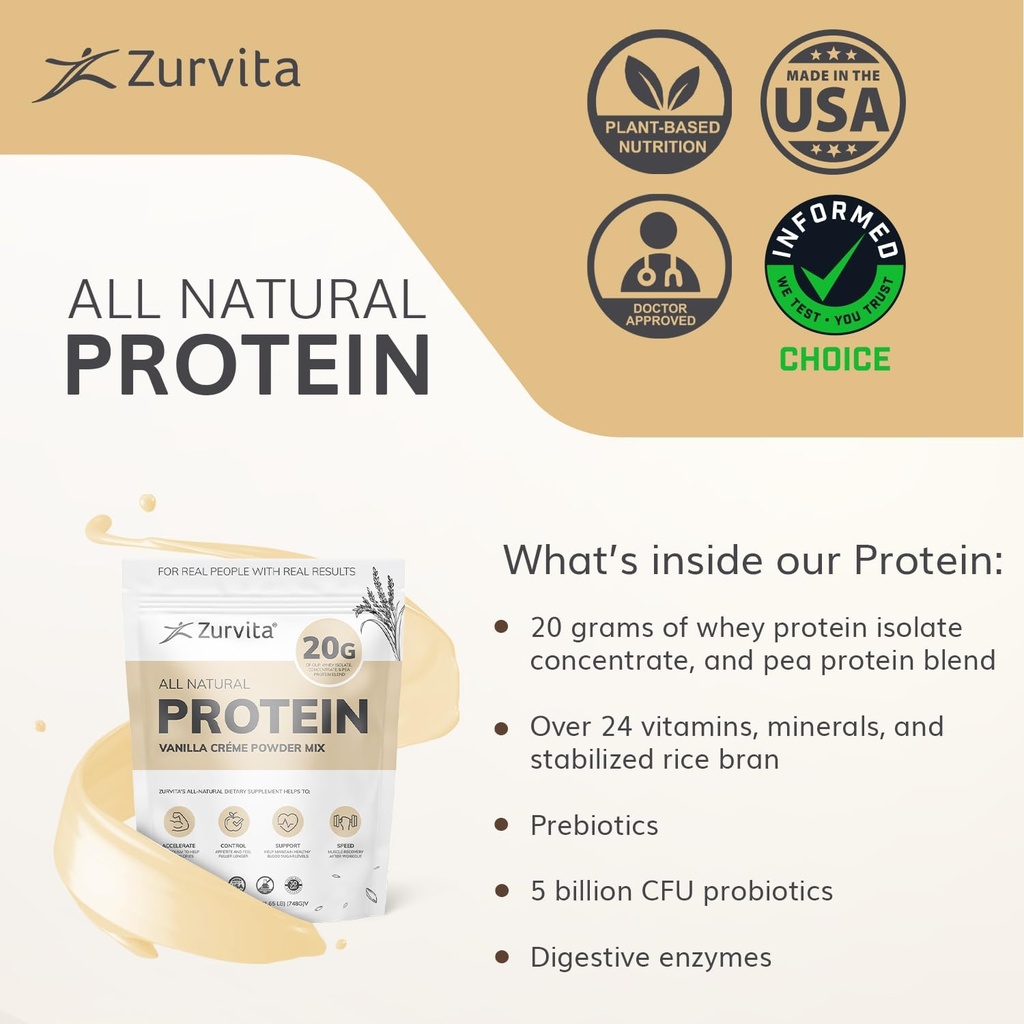 Zurvita - Vanilla Crème Protein Powder- Protein, Probiotics, No Artificial Sweeteners, 24+ Vitamins & Minerals, 140 Cal/Scoop - 26oz (20 Servings) 6