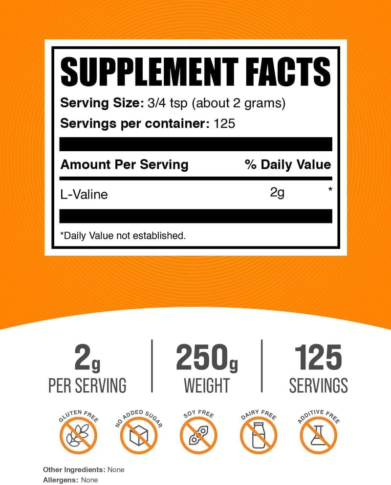 BulkSupplements.com L-Valine Powder - Valine Amino Acids Supplement, BCAA Energy Powder - Unflavored & Gluten Free, 2g per Serving, 250g (8.8 oz) (Pack of 1) 3